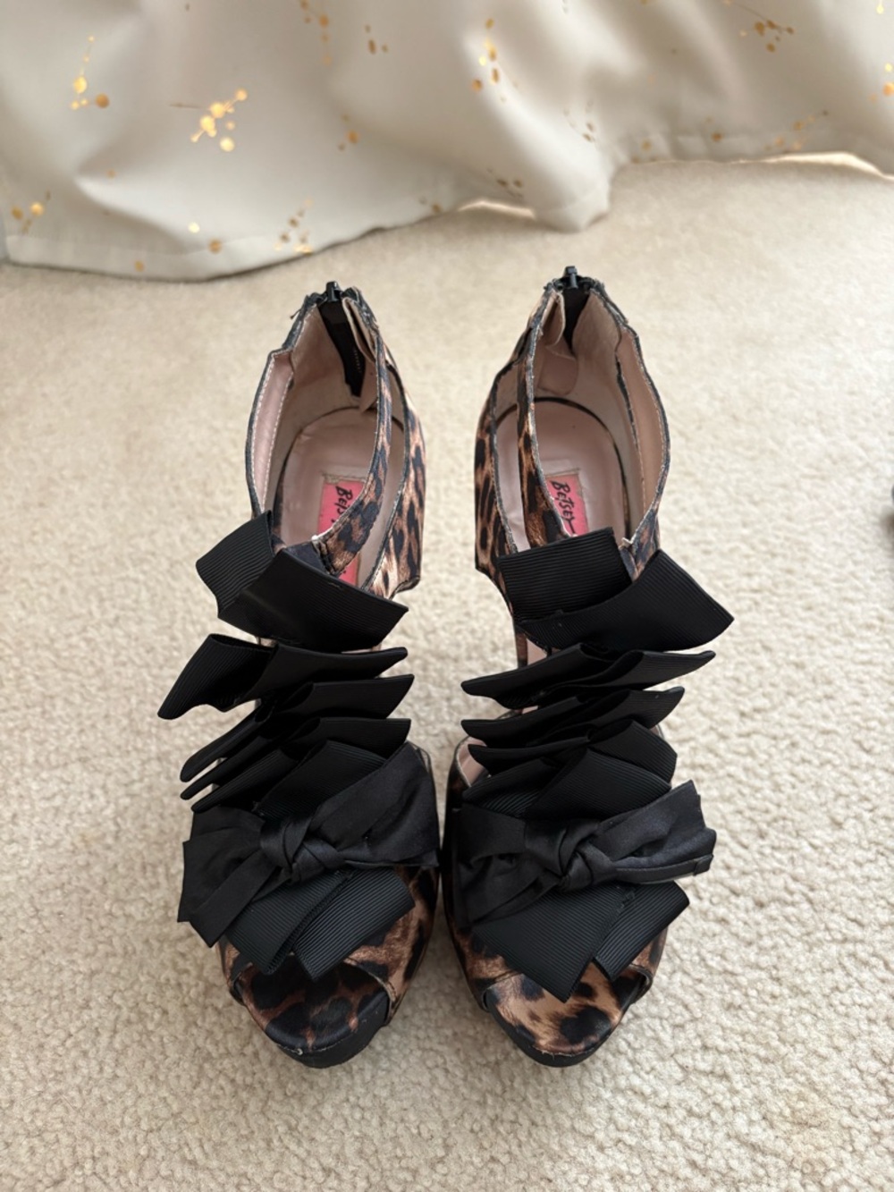 Betsey Johnson Leopard Print Peep-Toe Heels with Layered Black Bows
